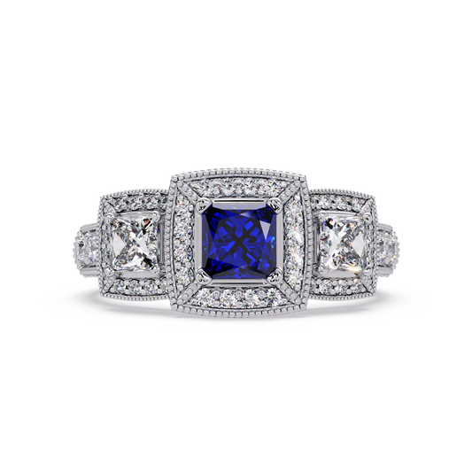 1.6 CTW Princess Three-Stone Pavé Colorstone Ring with Sapphire Blue center in 14K White Gold – Lunéa Paris