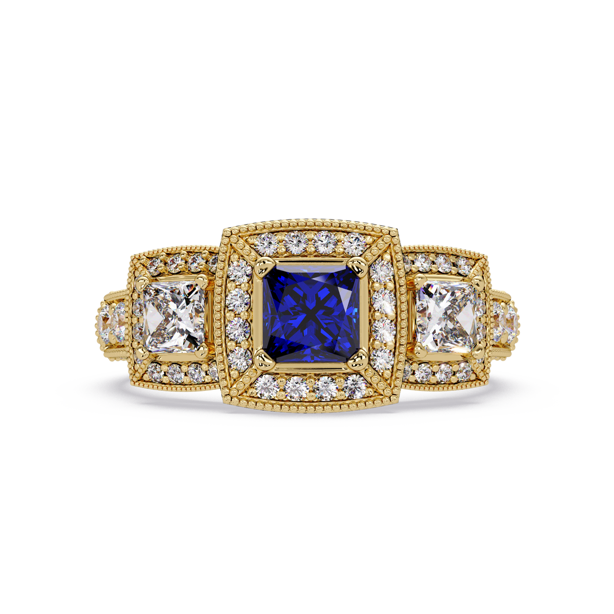 1.6 CTW Princess Three-Stone Pavé Colorstone Ring with Sapphire Blue center in 14K Yellow Gold – Lunéa Paris