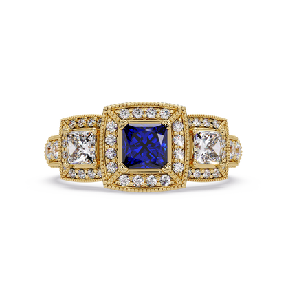 1.6 CTW Princess Three-Stone Pavé Colorstone Ring with Sapphire Blue center in 14K Yellow Gold – Lunéa Paris