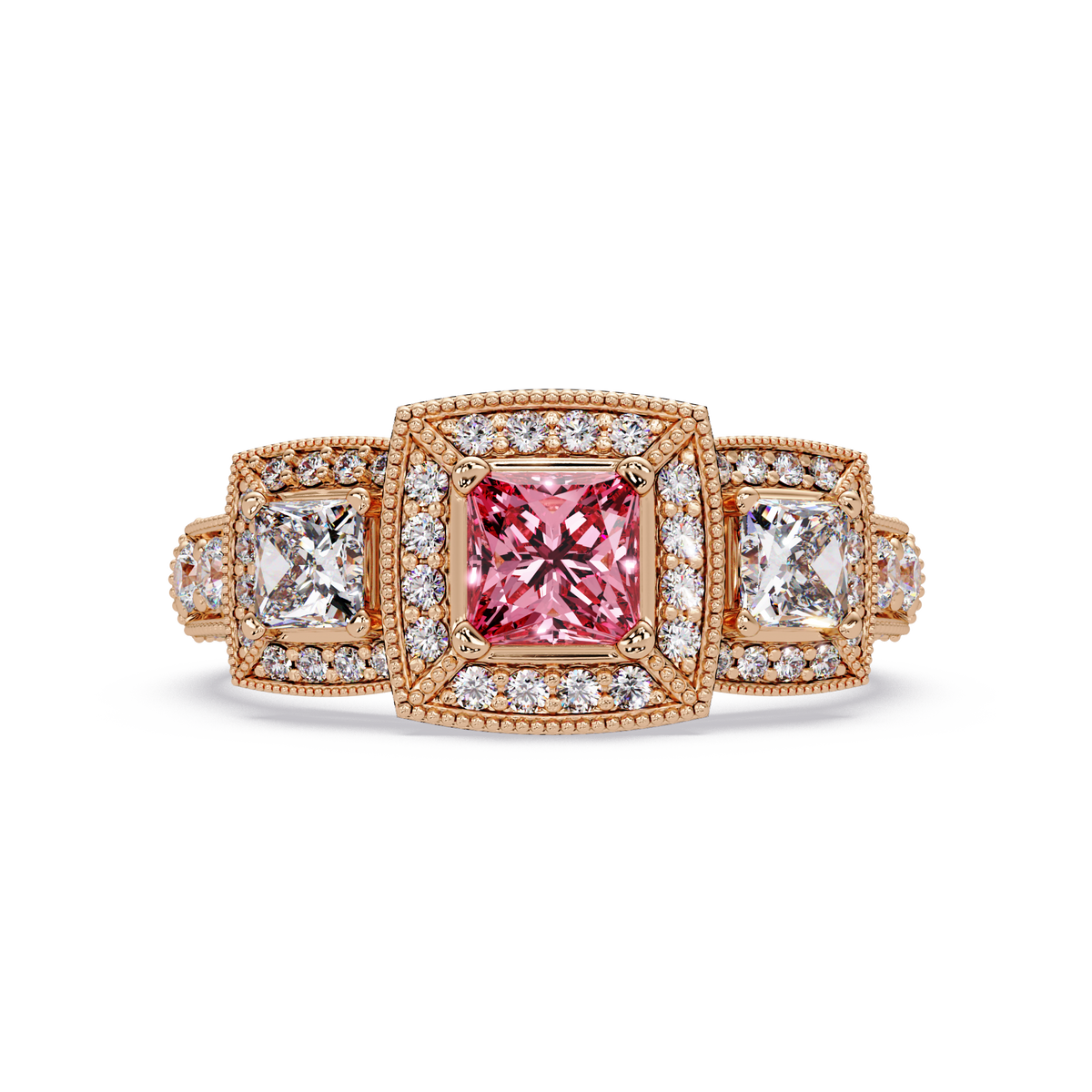 1.6 CTW Princess Three-Stone Pavé Colorstone Ring with Tourmaline Pink center in 14K Rose Gold – Lunéa Paris