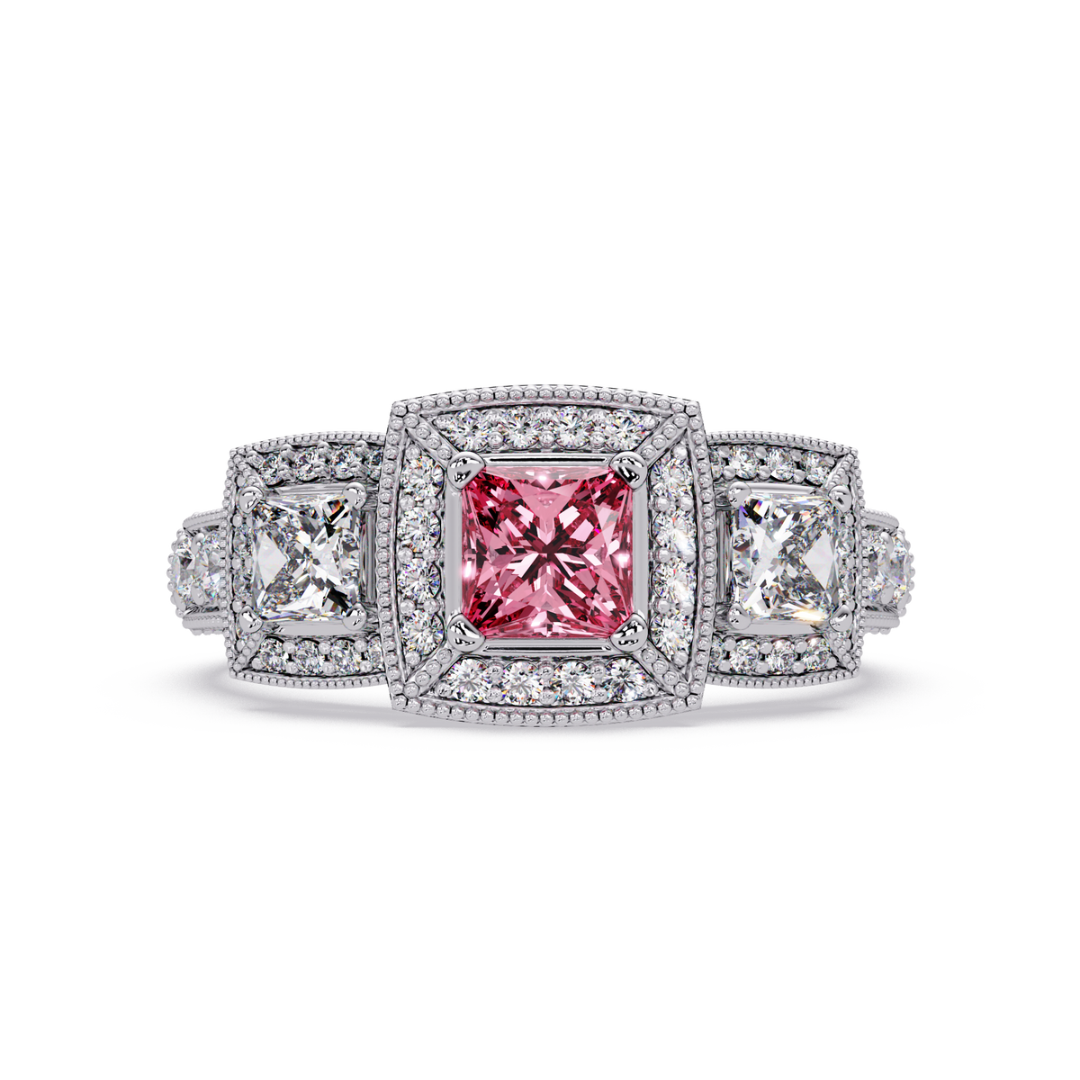 1.6 CTW Princess Three-Stone Pavé Colorstone Ring with Tourmaline Pink center in 14K White Gold – Lunéa Paris