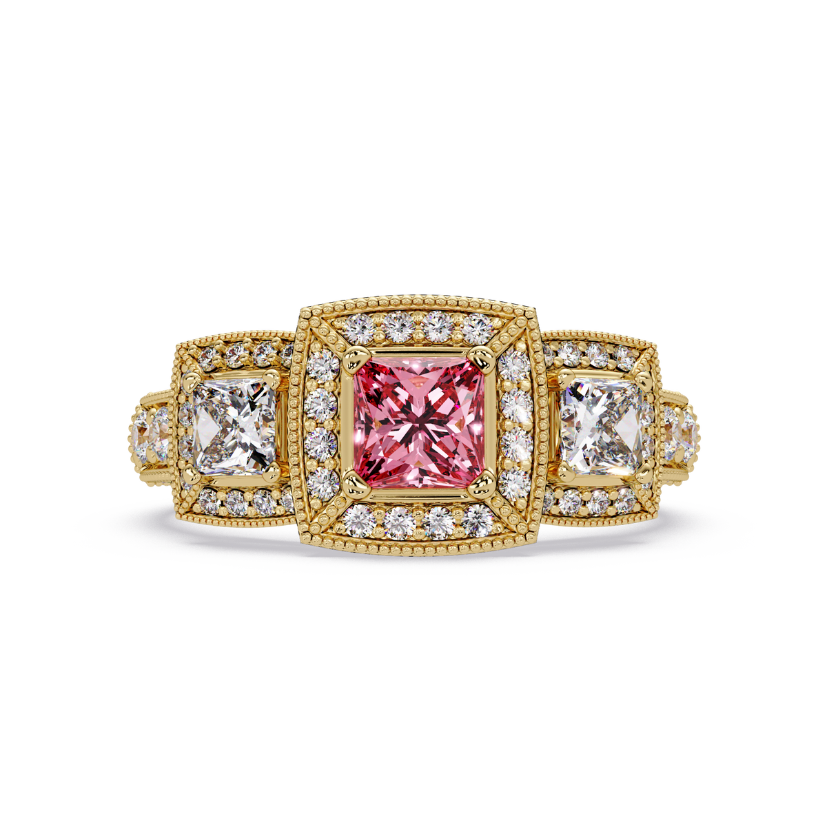 1.6 CTW Princess Three-Stone Pavé Colorstone Ring with Tourmaline Pink center in 14K Yellow Gold – Lunéa Paris