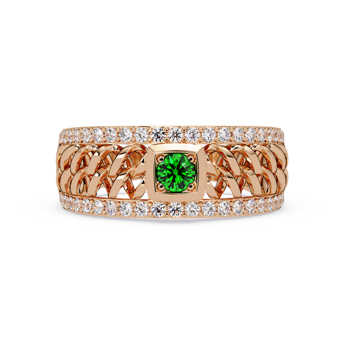 0.5 CTW Woven Men’s Colorstone Ring with Emerald Green in Rose Gold – Lunéa Paris