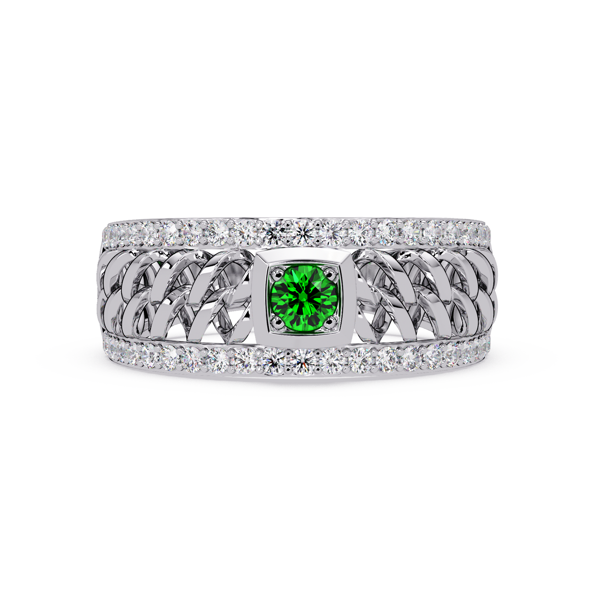 0.5 CTW Woven Men’s Colorstone Ring with Emerald Green in White Gold – Lunéa Paris
