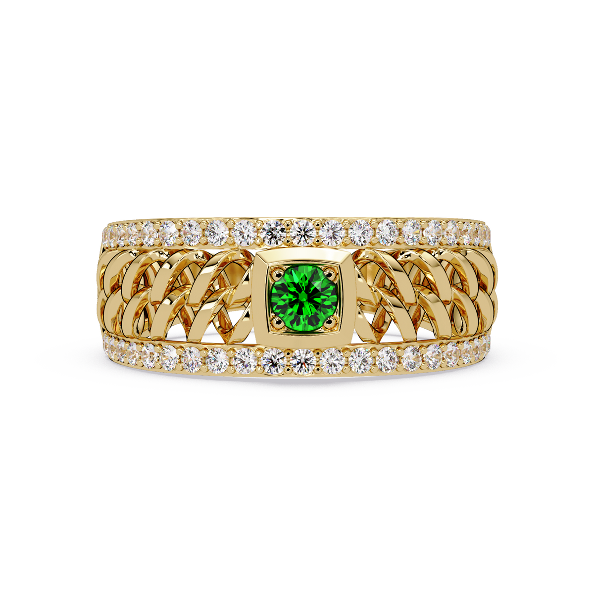 0.5 CTW Woven Men’s Colorstone Ring with Emerald Green in Yellow Gold – Lunéa Paris