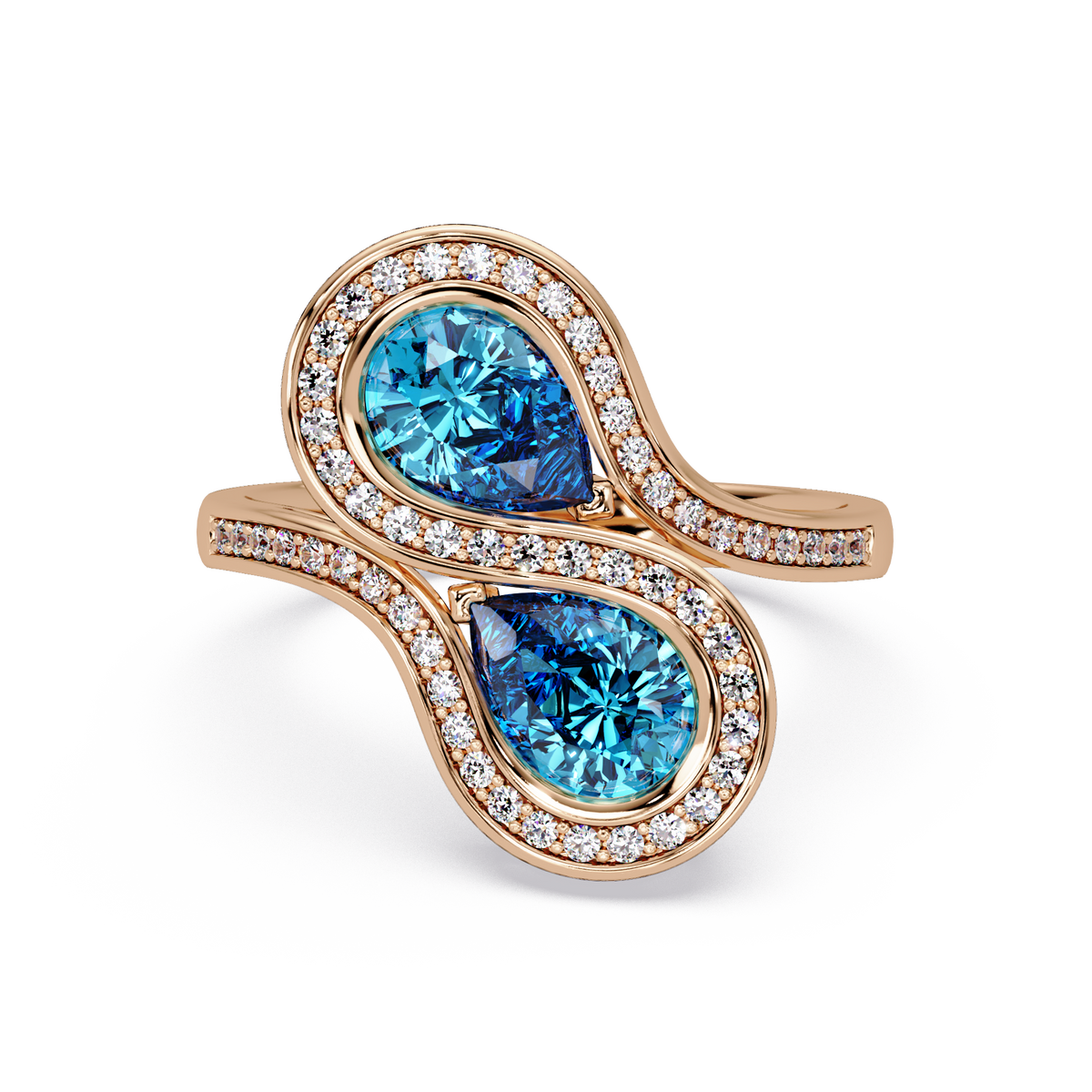 1.6 CTW Pear Toi et Moi Halo Pavé Colorstone Ring with Aquamarine Blue stones in 14K Rose Gold – Lunéa Paris
