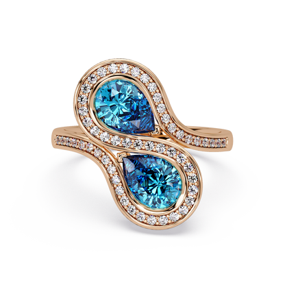 1.6 CTW Pear Two-Stone Halo Bypass Colorstone Ring with Aquamarine Blue stones in 14K Rose Gold – Lunéa Paris