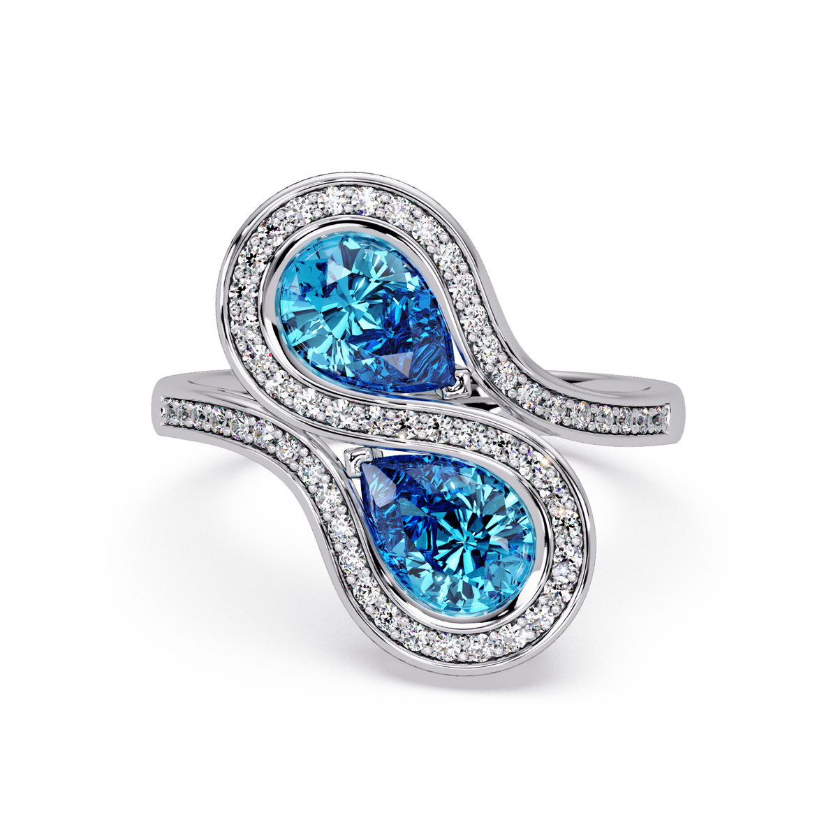 1.6 CTW Pear Two-Stone Halo Bypass Colorstone Ring with Aquamarine Blue stones in 14K White Gold – Lunéa Paris