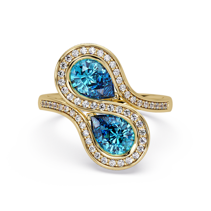 1.6 CTW Pear Toi et Moi Halo Pavé Colorstone Ring with Aquamarine Blue stones in 14K Yellow Gold – Lunéa Paris