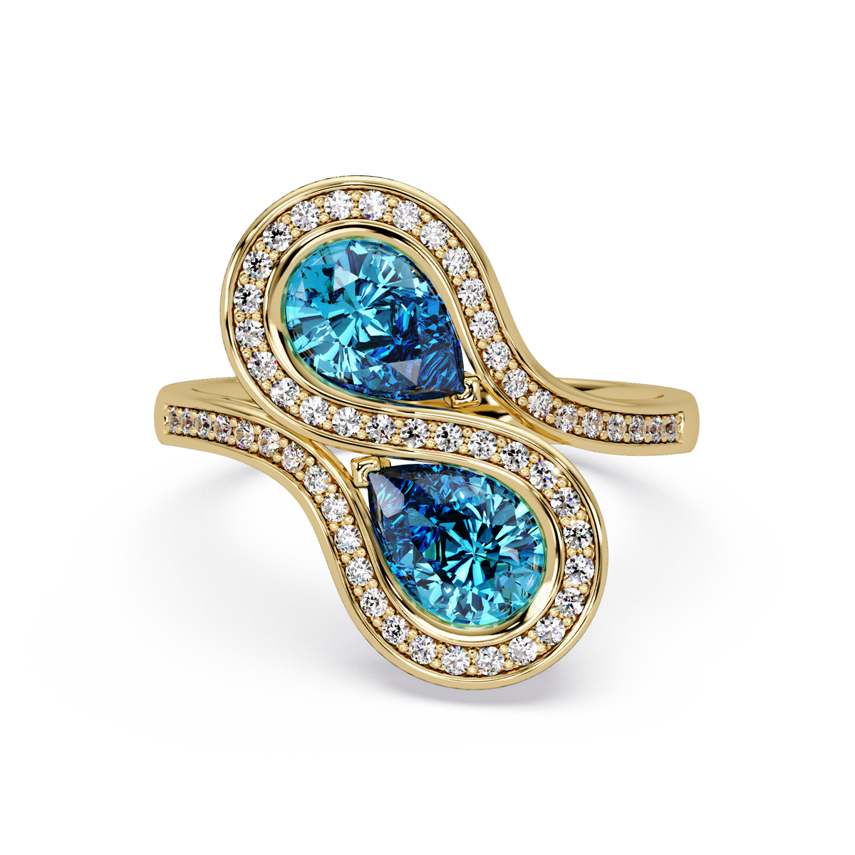 1.6 CTW Pear Two-Stone Halo Bypass Colorstone Ring with Aquamarine Blue stones in 14K Yellow Gold – Lunéa Paris