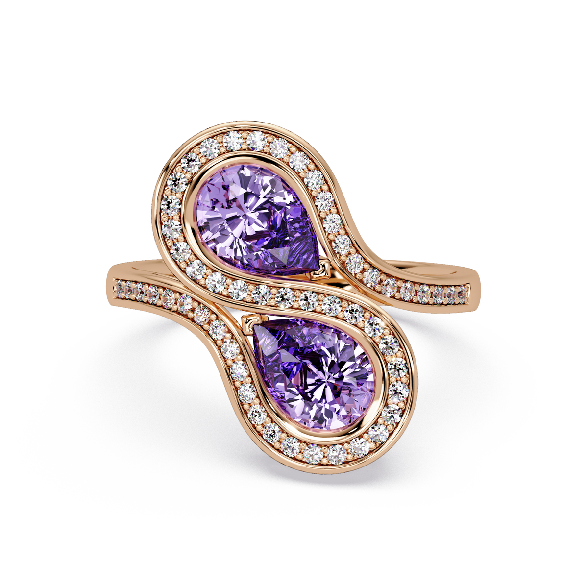 1.6 CTW Pear Toi et Moi Halo Pavé Colorstone Ring with Amethyst Purple stones in 14K Rose Gold – Lunéa Paris