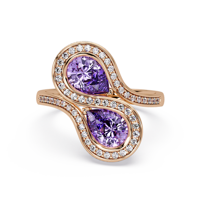 1.6 CTW Pear Toi et Moi Halo Pavé Colorstone Ring with Amethyst Purple stones in 14K Rose Gold – Lunéa Paris