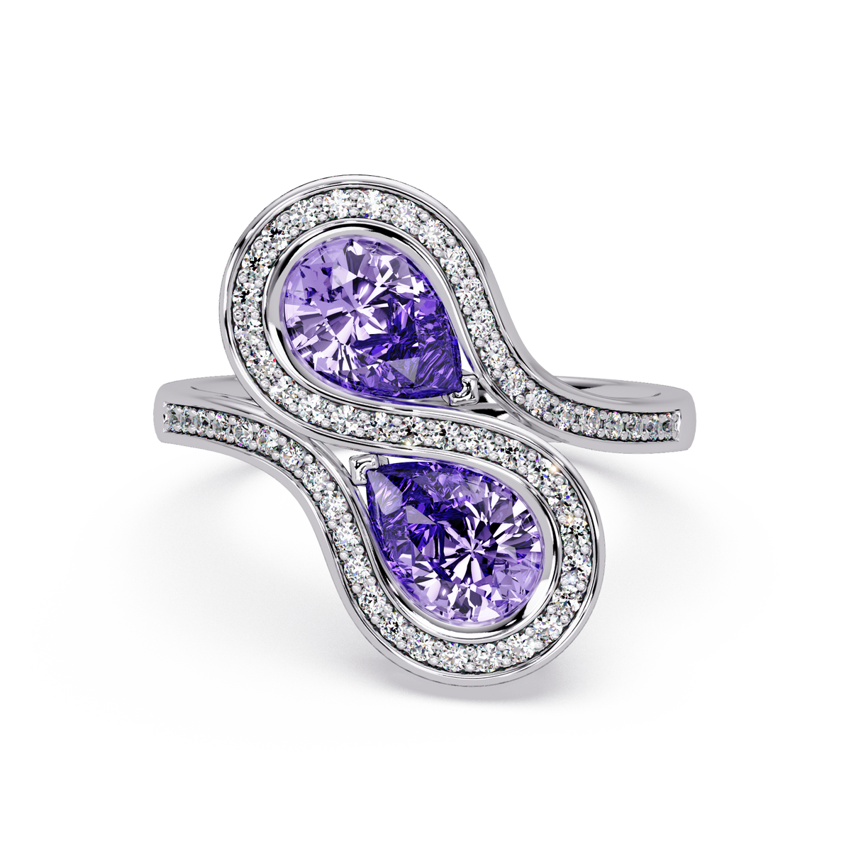 1.6 CTW Pear Two-Stone Halo Bypass Colorstone Ring with Amethyst Purple stones in 14K White Gold – Lunéa Paris