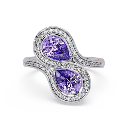 1.6 CTW Pear Two-Stone Halo Bypass Colorstone Ring with Amethyst Purple stones in 14K White Gold – Lunéa Paris