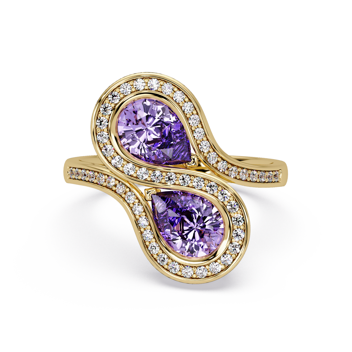 1.6 CTW Pear Toi et Moi Halo Pavé Colorstone Ring with Amethyst Purple stones in 14K Yellow Gold – Lunéa Paris