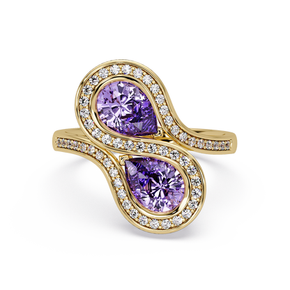 1.6 CTW Pear Toi et Moi Halo Pavé Colorstone Ring with Amethyst Purple stones in 14K Yellow Gold – Lunéa Paris