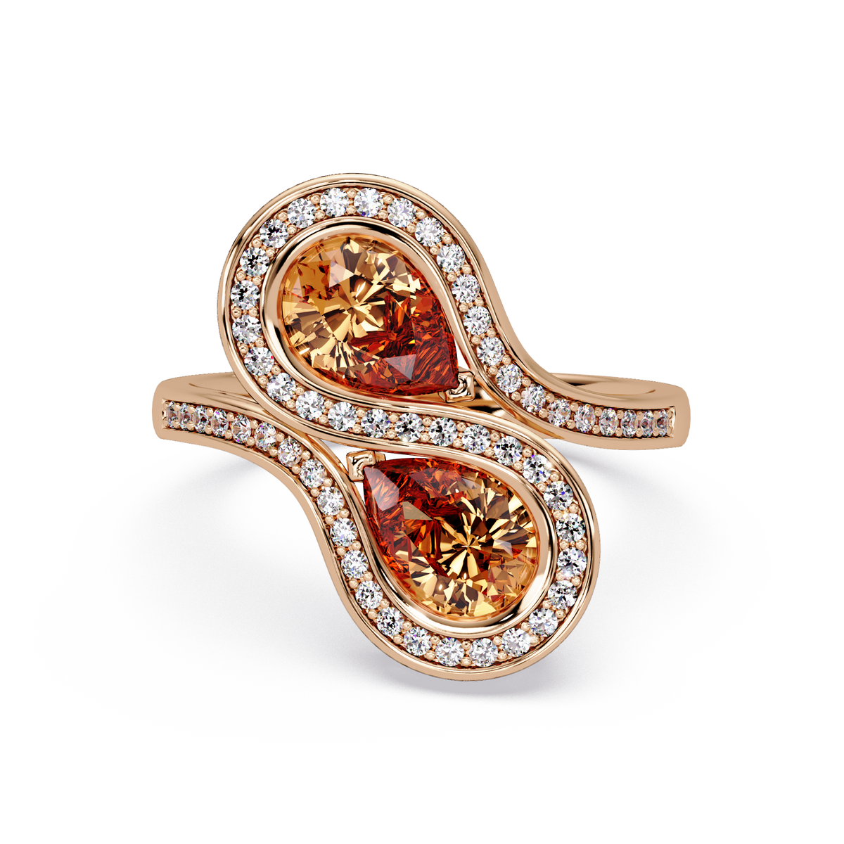 1.6 CTW Pear Toi et Moi Halo Pavé Colorstone Ring with Champagne Topaz stones in 14K Rose Gold – Lunéa Paris
