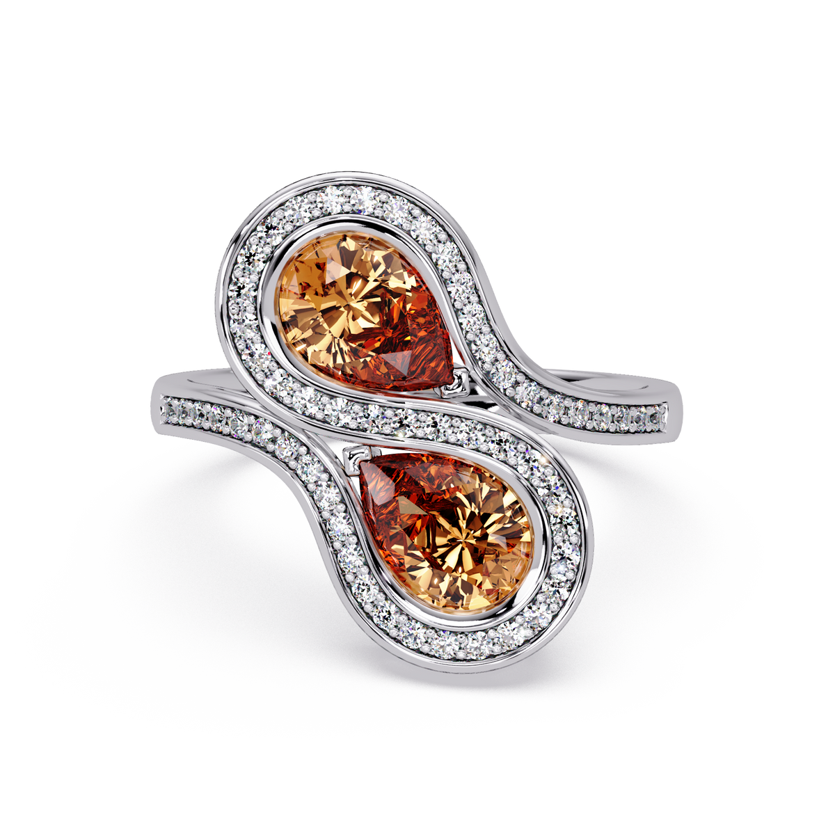 1.6 CTW Pear Toi et Moi Halo Pavé Colorstone Ring with Champagne Topaz stones in 14K White Gold – Lunéa Paris