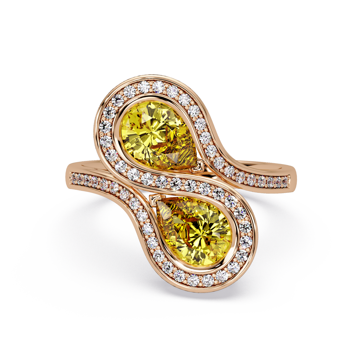 1.6 CTW Pear Toi et Moi Halo Pavé Colorstone Ring with Citrine Yellow stones in 14K Rose Gold – Lunéa Paris