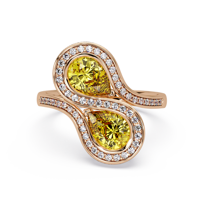 1.6 CTW Pear Toi et Moi Halo Pavé Colorstone Ring with Citrine Yellow stones in 14K Rose Gold – Lunéa Paris