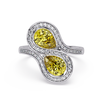 1.6 CTW Pear Toi et Moi Halo Pavé Colorstone Ring with Citrine Yellow stones in 14K White Gold – Lunéa Paris