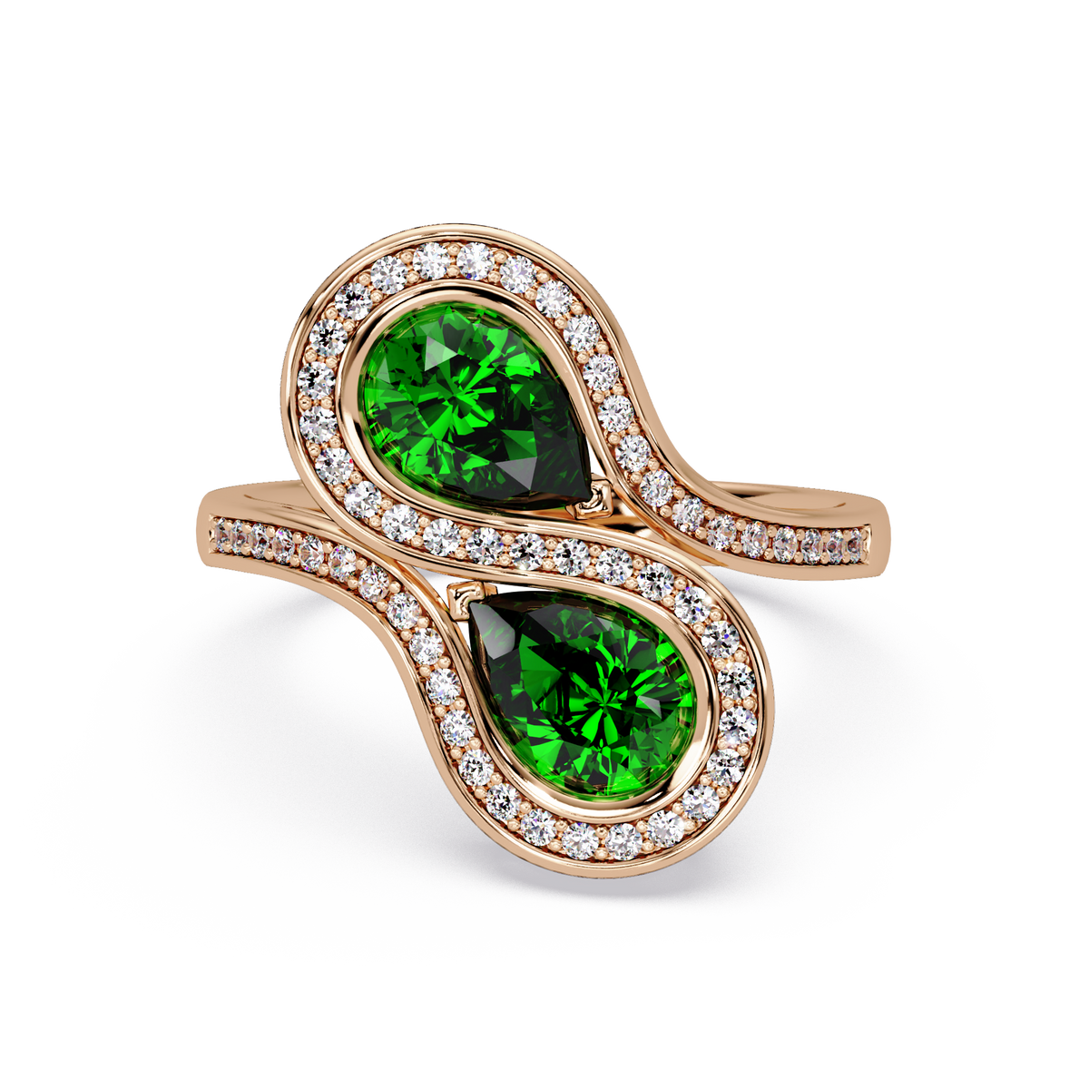1.6 CTW Pear Toi et Moi Halo Pavé Colorstone Ring with Emerald Green stones in 14K Rose Gold – Lunéa Paris