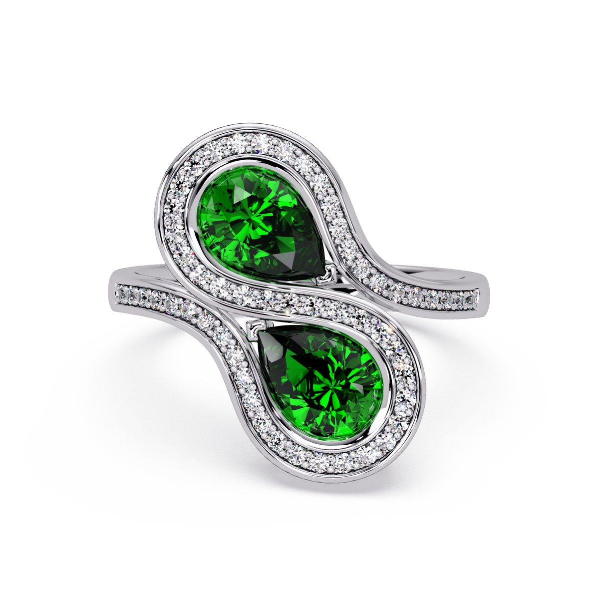 1.6 CTW Pear Toi et Moi Halo Pavé Colorstone Ring with Emerald Green stones in 14K White Gold – Lunéa Paris