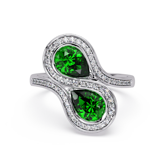1.6 CTW Pear Toi et Moi Halo Pavé Colorstone Ring with Emerald Green stones in 14K White Gold – Lunéa Paris