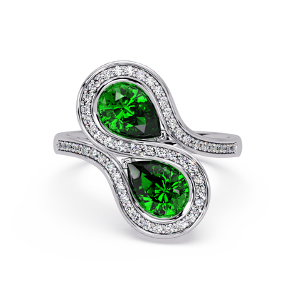 1.6 CTW Pear Two-Stone Halo Bypass Colorstone Ring with Emerald Green stones in 14K White Gold – Lunéa Paris