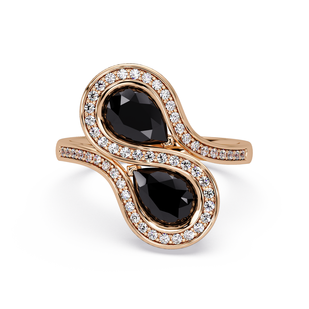 1.6 CTW Pear Toi et Moi Halo Pavé Colorstone Ring with Onyx stones in 14K Rose Gold – Lunéa Paris
