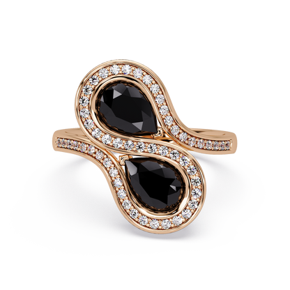 1.6 CTW Pear Toi et Moi Halo Pavé Colorstone Ring with Onyx stones in 14K Rose Gold – Lunéa Paris