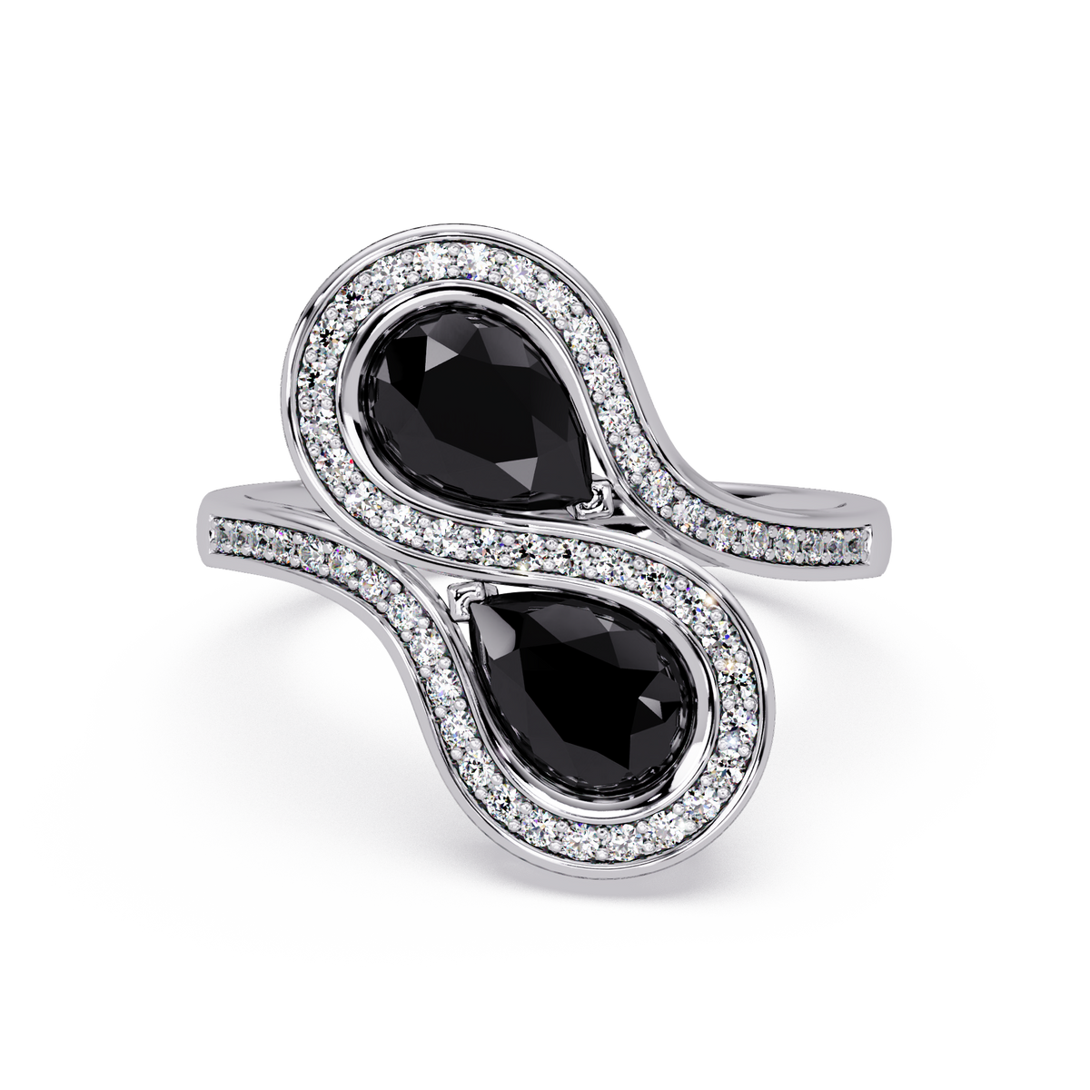 1.6 CTW Pear Toi et Moi Halo Pavé Colorstone Ring with Onyx stones in 14K White Gold – Lunéa Paris