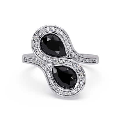 1.6 CTW Pear Toi et Moi Halo Pavé Colorstone Ring with Onyx stones in 14K White Gold – Lunéa Paris