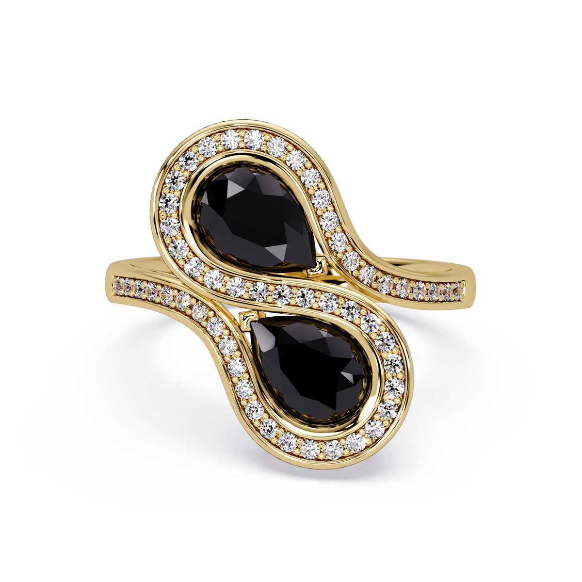 1.6 CTW Pear Toi et Moi Halo Pavé Colorstone Ring with Onyx stones in 14K Yellow Gold – Lunéa Paris