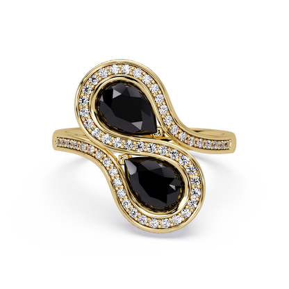 1.6 CTW Pear Toi et Moi Halo Pavé Colorstone Ring with Onyx stones in 14K Yellow Gold – Lunéa Paris