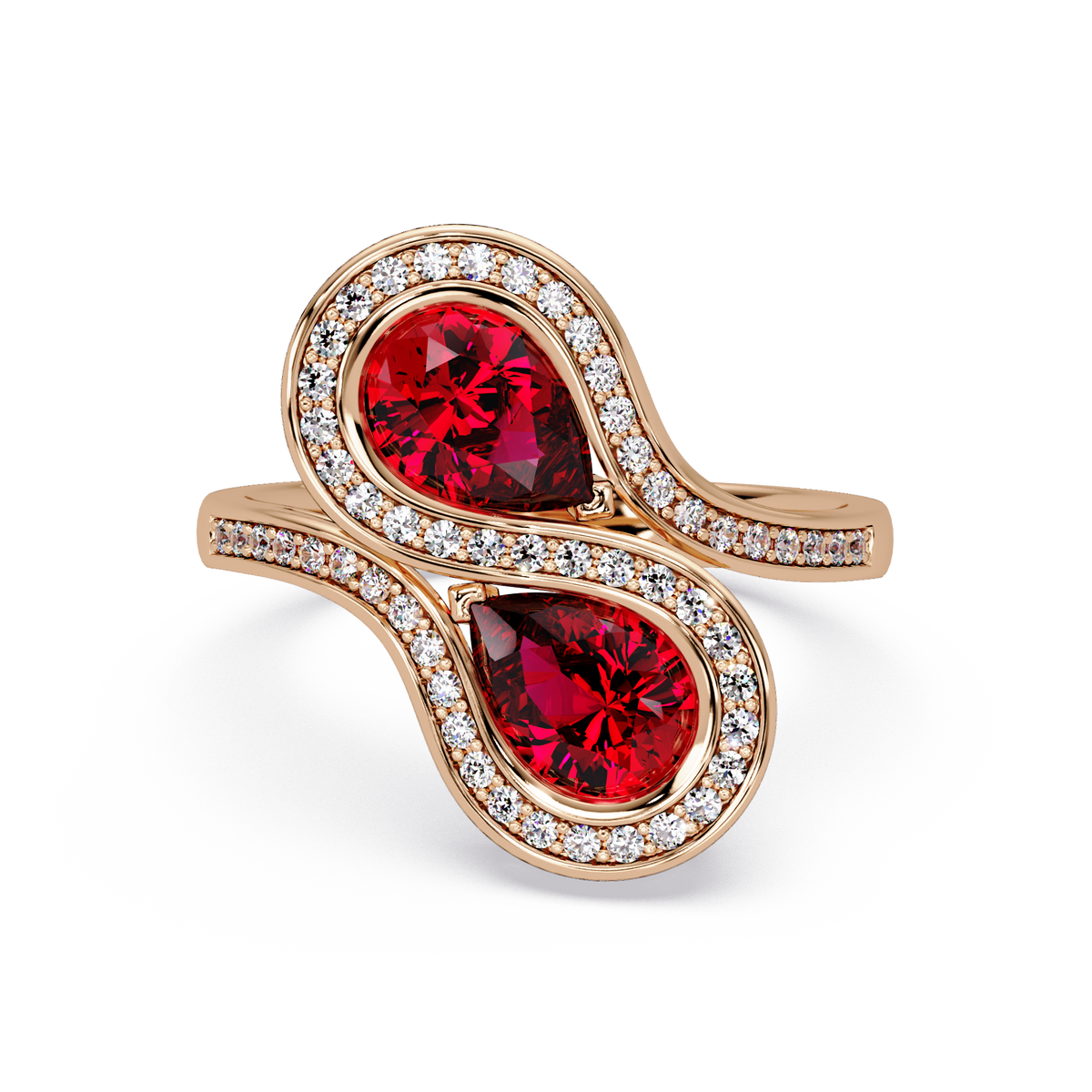 1.6 CTW Pear Two-Stone Halo Bypass Colorstone Ring with Ruby Red stones in 14K Rose Gold – Lunéa Paris