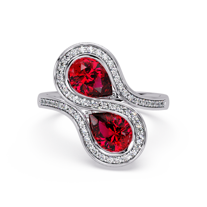 1.6 CTW Pear Toi et Moi Halo Pavé Colorstone Ring with Ruby Red stones in 14K White Gold – Lunéa Paris