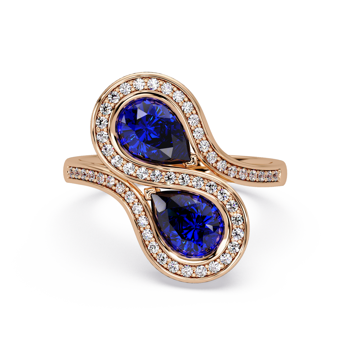 1.6 CTW Pear Two-Stone Halo Bypass Colorstone Ring with Sapphire Blue stones in 14K Rose Gold – Lunéa Paris