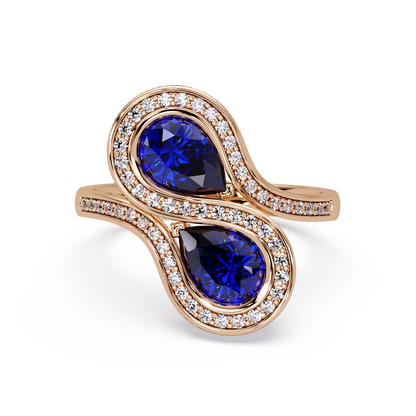 1.6 CTW Pear Two-Stone Halo Bypass Colorstone Ring with Sapphire Blue stones in 14K Rose Gold – Lunéa Paris