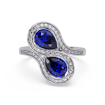 1.6 CTW Pear Toi et Moi Halo Pavé Colorstone Ring with Sapphire Blue stones in 14K White Gold – Lunéa Paris