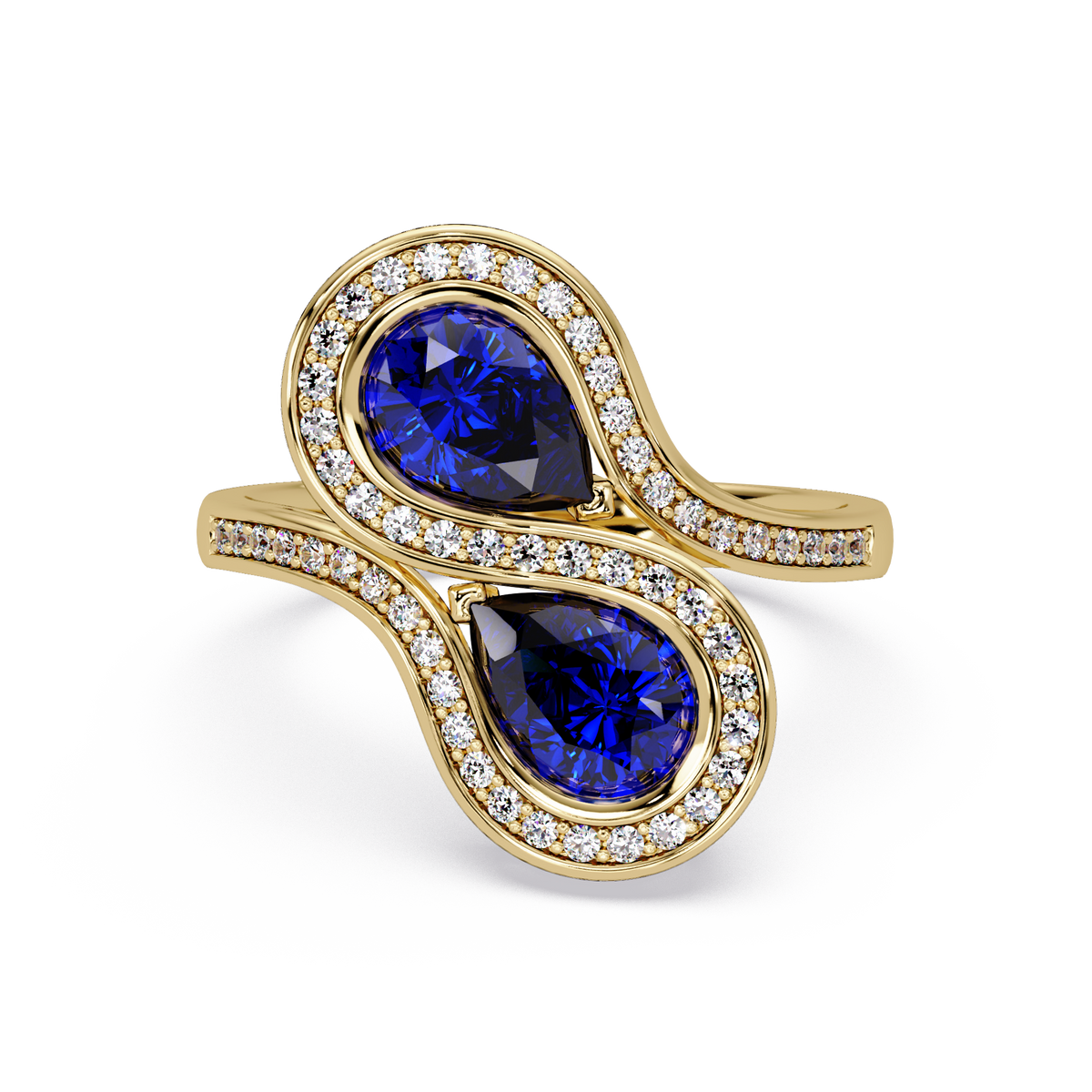 1.6 CTW Pear Two-Stone Halo Bypass Colorstone Ring with Sapphire Blue stones in 14K Yellow Gold – Lunéa Paris