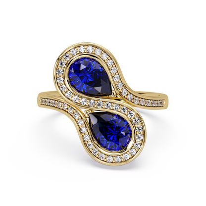 1.6 CTW Pear Two-Stone Halo Bypass Colorstone Ring with Sapphire Blue stones in 14K Yellow Gold – Lunéa Paris