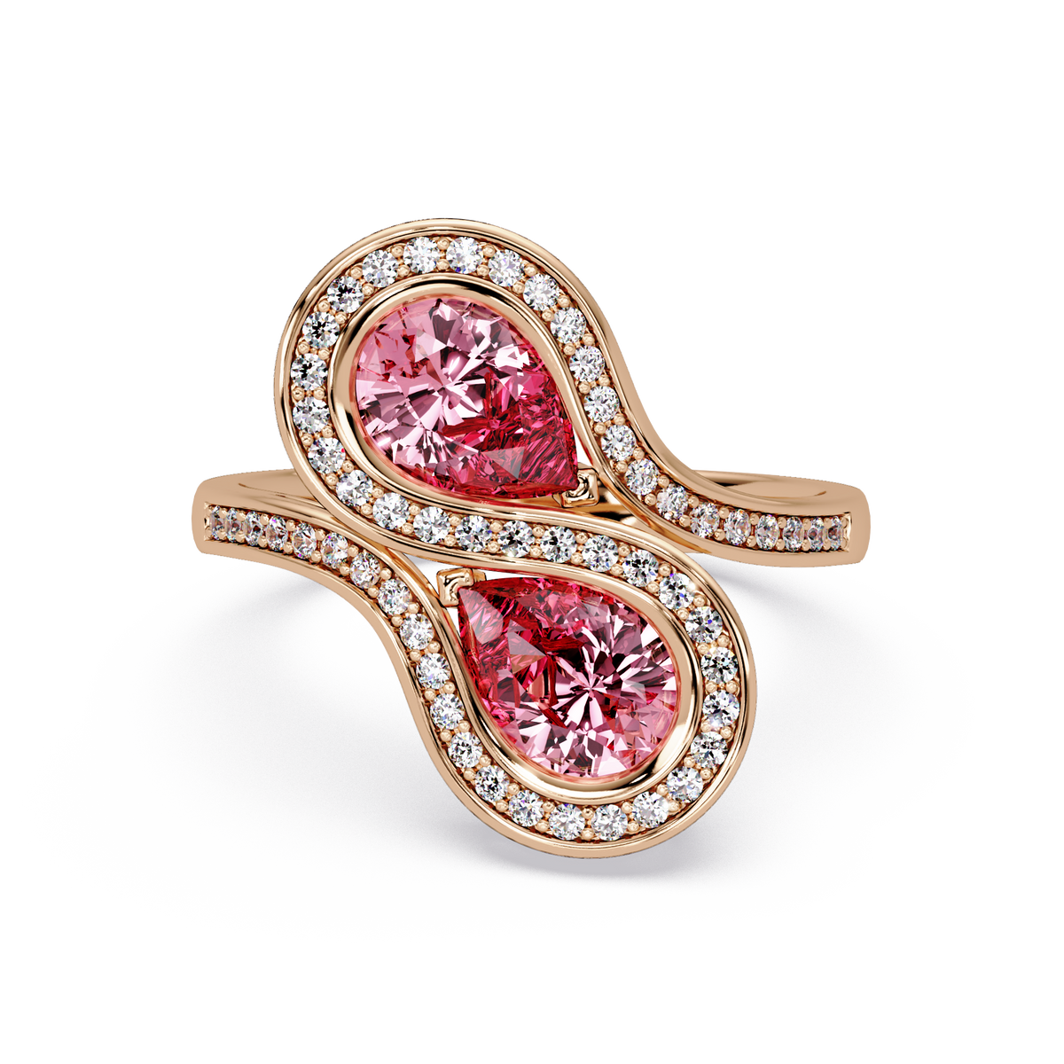1.6 CTW Pear Toi et Moi Halo Pavé Colorstone Ring with Tourmaline Pink stones in 14K Rose Gold – Lunéa Paris