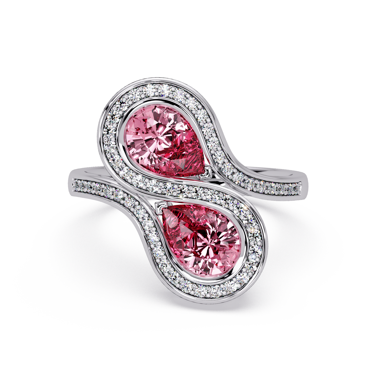 1.6 CTW Pear Toi et Moi Halo Pavé Colorstone Ring with Tourmaline Pink stones in 14K White Gold – Lunéa Paris
