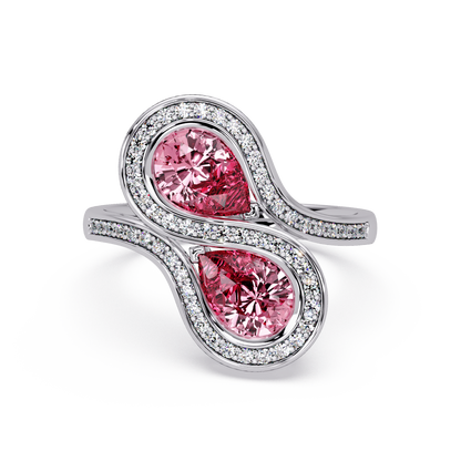 1.6 CTW Pear Toi et Moi Halo Pavé Colorstone Ring with Tourmaline Pink stones in 14K White Gold – Lunéa Paris