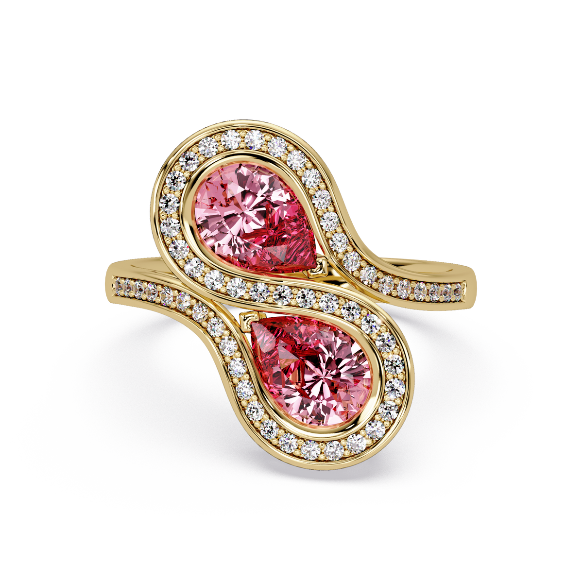 1.6 CTW Pear Toi et Moi Halo Pavé Colorstone Ring with Tourmaline Pink stones in 14K Yellow Gold – Lunéa Paris