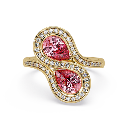 1.6 CTW Pear Toi et Moi Halo Pavé Colorstone Ring with Tourmaline Pink stones in 14K Yellow Gold – Lunéa Paris