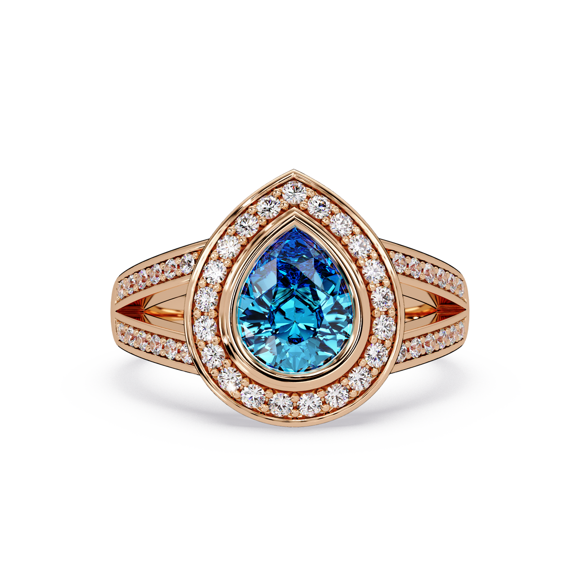 1.1 CTW Pear Halo Split-Shank Pavé Colorstone Ring with Aquamarine Blue center in 14K Rose Gold – Lunéa Paris