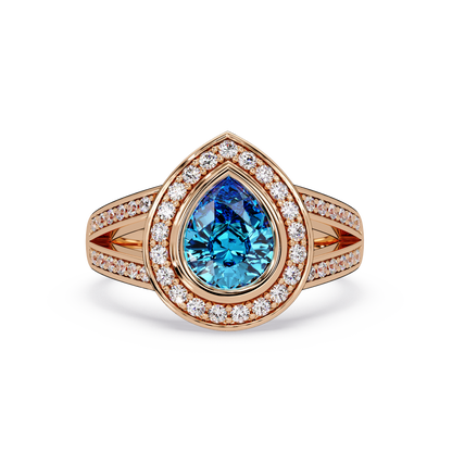 1.1 CTW Pear Halo Split-Shank Pavé Colorstone Ring with Aquamarine Blue center in 14K Rose Gold – Lunéa Paris