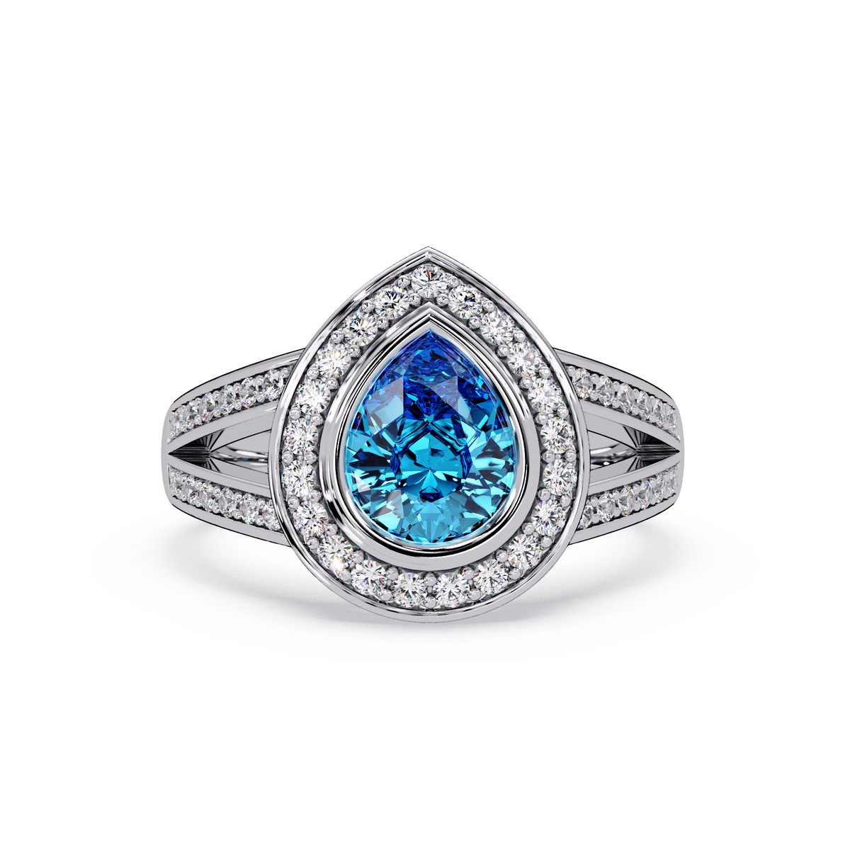 1.1 CTW Pear Halo Split-Shank Pavé Colorstone Ring with Aquamarine Blue center in 14K White Gold – Lunéa Paris
